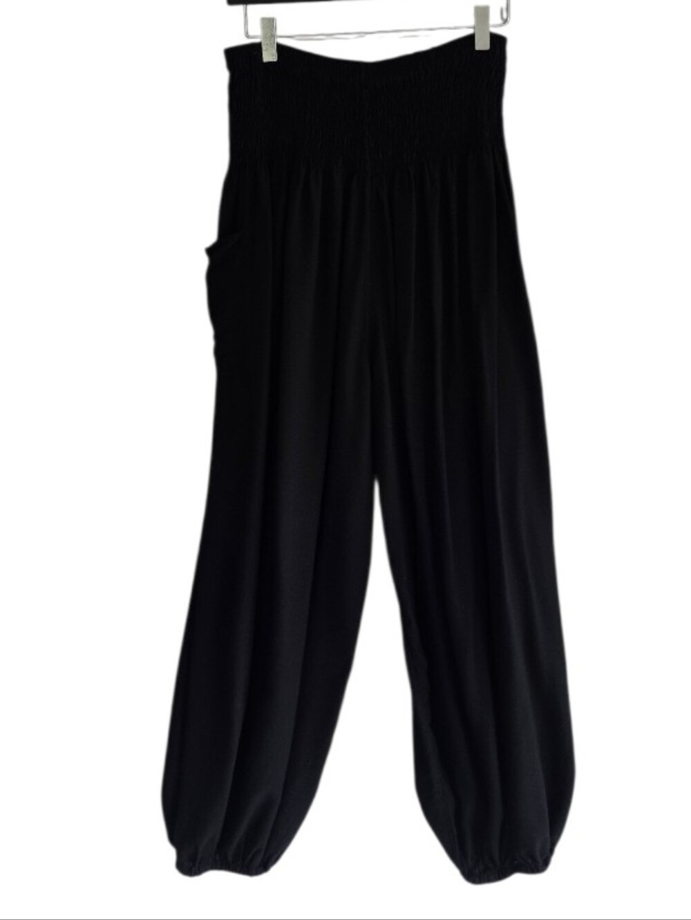 Smocked High-Waist Black Wide-Leg Harem Pants Plus OS
